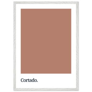 A framed poster featuring a solid cortado brown color swatch with the word 