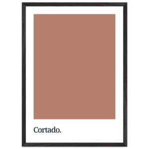 A framed poster featuring a solid cortado brown color swatch with the word 