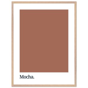 Framed wall art featuring a solid mocha brown color block with the word 