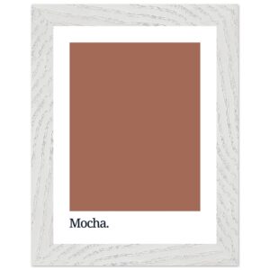 A framed poster featuring a solid mocha brown color swatch with the word 