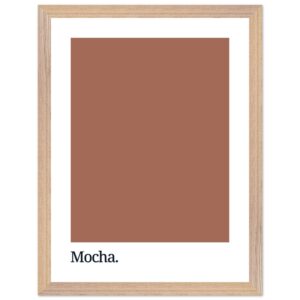 A framed poster featuring a solid mocha brown color swatch with the word 