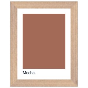 Framed wall art featuring a solid mocha brown color swatch with the word 