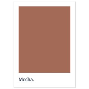 A rectangular poster featuring a solid mocha brown color block with the word 