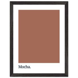 Framed wall art featuring a solid mocha brown color swatch with the word 