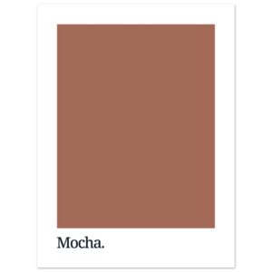 A rectangular poster featuring a solid mocha brown color with a white border and the word 