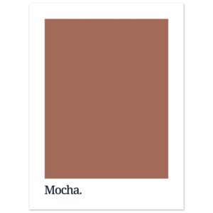 A rectangular poster featuring a solid mocha brown background with the word 