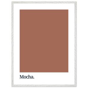 A framed wall art print featuring a solid mocha brown color block with the word 