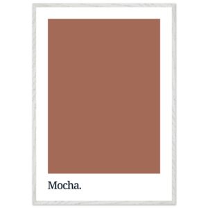 A framed poster featuring a solid mocha brown background with the word 