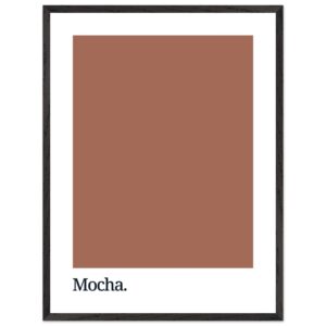 Framed wall art featuring a solid mocha brown color swatch with the word 