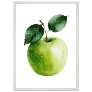 A vibrant green apple with a glossy surface and two dark green leaves, set against a white background, framed in a simple white border.