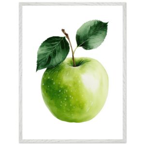A green apple with a glossy surface and two green leaves, set against a white background, framed in a simple white frame.