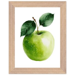 A framed watercolor illustration of a green apple with two leaves, set against a white background, showcasing vibrant colors and detailed textures.