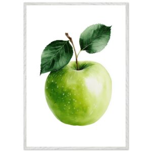 A vibrant green apple with a glossy surface, accompanied by two dark green leaves, set against a white background, framed in a simple white border.
