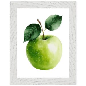 A vibrant green apple with two leaves, depicted in a watercolor style, framed in a textured white frame against a plain white background.