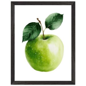 A framed watercolor illustration of a green apple with two leaves, set against a white background, showcasing detailed shading and texture on the apple's surface.