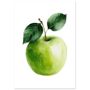 A realistic watercolor illustration of a green apple with a stem and two green leaves, set against a plain white background.