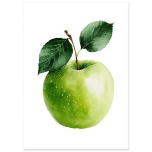 A realistic watercolor illustration of a shiny green apple with a stem and two green leaves, set against a plain white background.