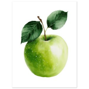 A detailed watercolor illustration of a green apple with a stem and two green leaves, set against a plain white background.