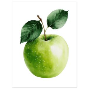 A detailed watercolor illustration of a green apple with a stem and two leaves, set against a plain white background.
