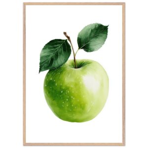 A vibrant green apple with a glossy surface and two dark green leaves, displayed in a light wooden frame against a white background.