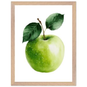 A green apple with a glossy surface and two green leaves, set against a white background, framed in a light wood frame.