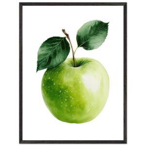 A vibrant green apple with a glossy surface and two leaves, set against a white background, framed in a simple black frame.