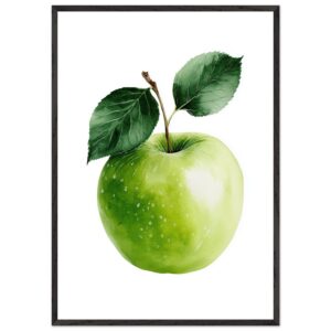 A vibrant green apple with a glossy surface and two dark green leaves, displayed in a black frame against a white background.