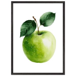 A green apple with a glossy surface and two dark green leaves is depicted on a white background, framed in a simple black frame.