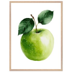 A vibrant green apple with a glossy surface and two dark green leaves, displayed in a light wooden frame against a white background.