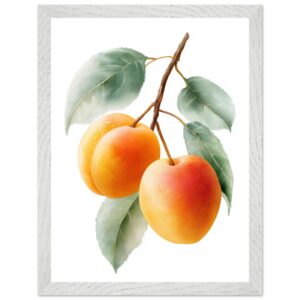 A watercolor art print featuring three ripe apricots on a branch with green leaves, framed in a light wood frame against a white background.