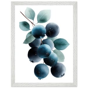 A watercolor illustration of blueberries with green leaves, framed in a light wood frame, featuring varying shades of blue and subtle details on the berries.