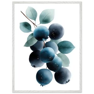 A watercolor illustration of blueberries on a branch with green leaves, set against a white background, framed in a light-colored wooden frame.