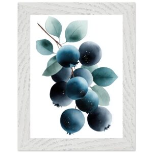 A watercolor illustration of blueberries and green leaves, framed in a textured white frame, showcasing shades of blue and green against a white background.