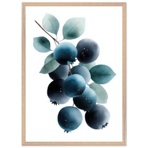 A watercolor illustration of blueberries with green leaves, framed in a light wood frame, set against a white background.