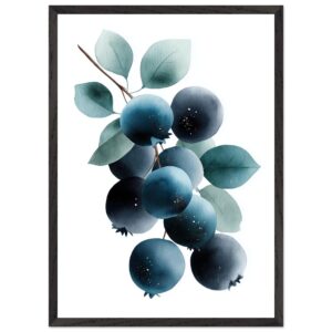 A watercolor illustration of blueberries with green leaves, framed in a simple black frame, set against a white background.
