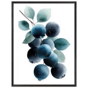 A watercolor illustration featuring clusters of dark blue blueberries with green leaves, framed in a simple black border.