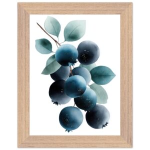 A watercolor illustration of blueberries and green leaves, framed in a light wood frame, featuring varying shades of blue and green against a white background.