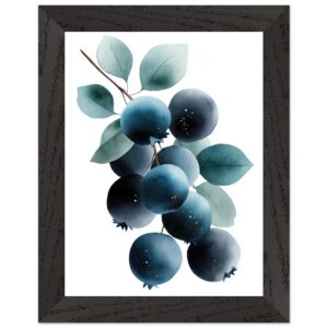 A framed watercolor illustration featuring clusters of blueberries with green leaves against a white background, showcasing shades of blue and subtle detailing.