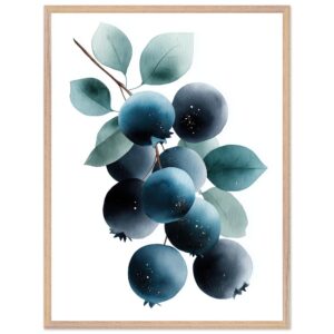 A watercolor illustration of blueberries and green leaves, framed in light wood, featuring varying shades of blue and subtle details on the fruit and foliage.