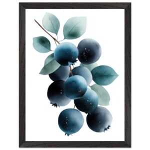 A watercolor illustration of blueberries with green leaves, featuring deep blue and teal tones, framed in a simple black frame against a white background.
