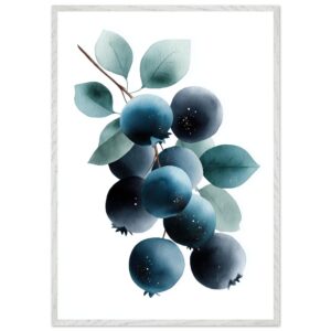 A watercolor illustration of blueberries on a branch with green leaves, set against a white background, framed in a light wood frame.