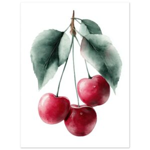 A watercolor illustration of three red cherries hanging from a branch with green leaves, set against a white background.