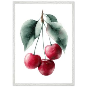 A watercolor illustration of three red cherries hanging from a branch with green leaves, framed in a white, textured frame.