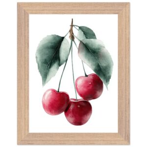 A framed poster print featuring three red cherries with green leaves, illustrated in a watercolor style against a white background.