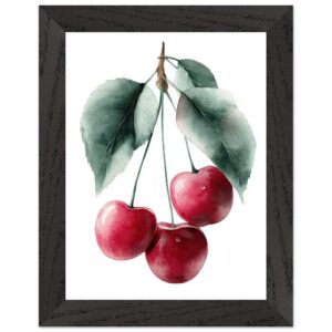 A framed poster print featuring three red cherries hanging from a branch, surrounded by green leaves, with a white background and a textured black frame.