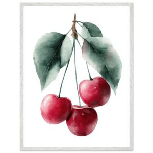 A watercolor illustration of three red cherries hanging from green leaves, framed in a simple white border.