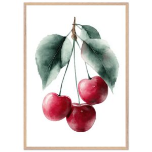 A framed poster print featuring three red cherries with green leaves, illustrated in a watercolor style against a white background.