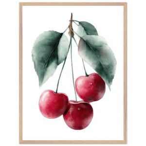 A framed poster print featuring three red cherries hanging from a branch with green leaves, set against a white background.