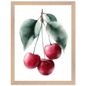 A framed poster print featuring three red cherries hanging from a branch with green leaves, set against a white background.