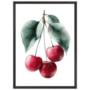 A framed poster print featuring three red cherries with green leaves, illustrated in a watercolor style against a white background.